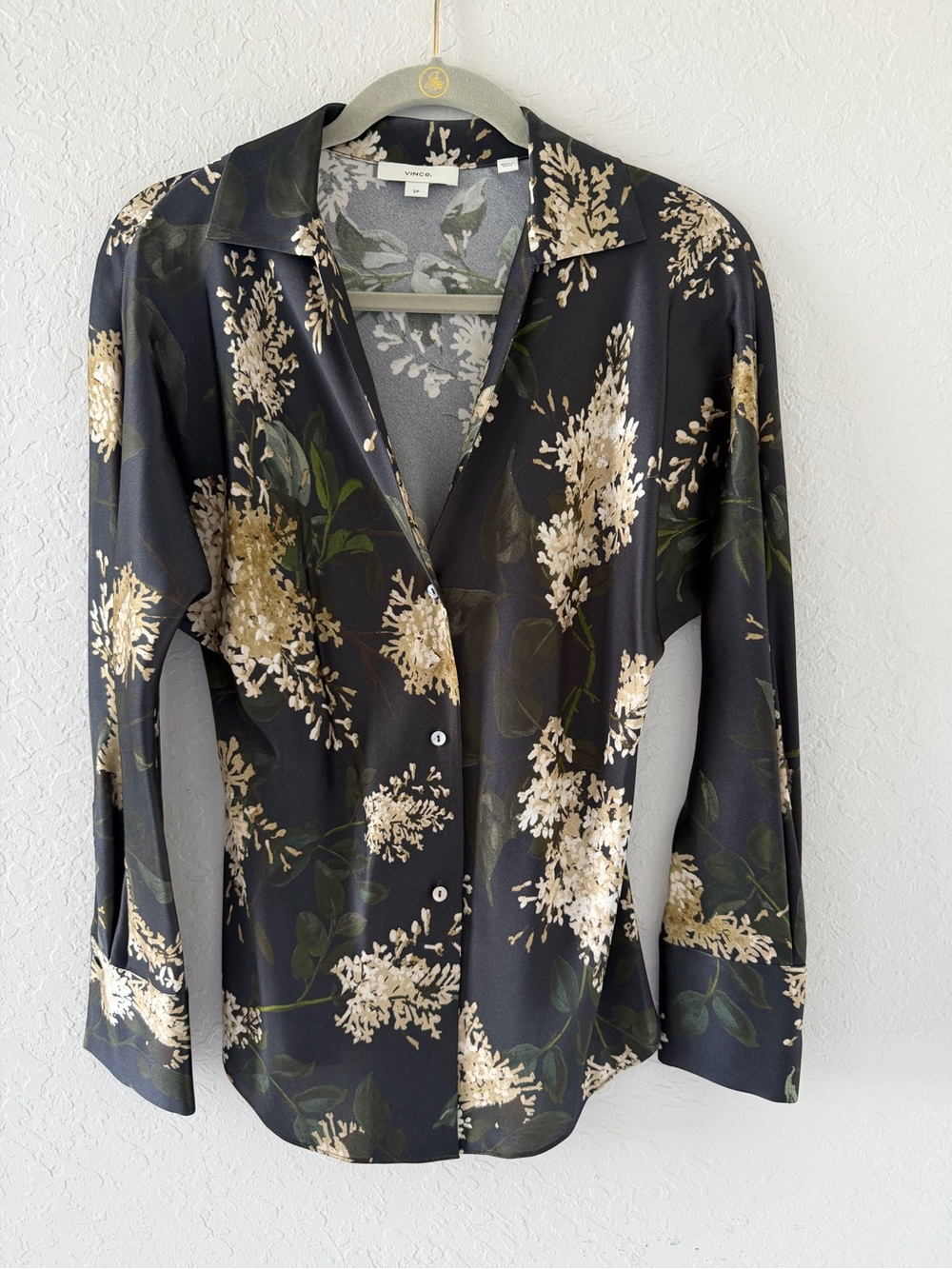 Vince 100% Silk Black Floral Button Down Blouse Top S